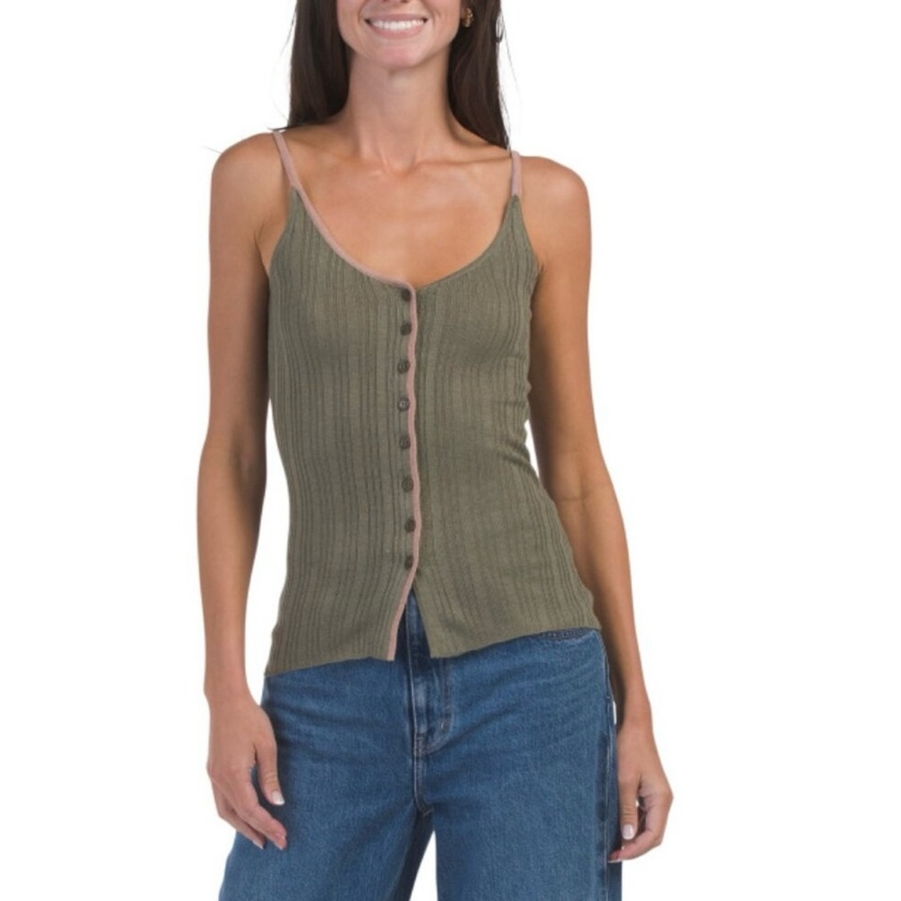 NAADAM ARMY GREEN Contrast Pipping Ribbed Knit‎ Tank Sweater Size Medium